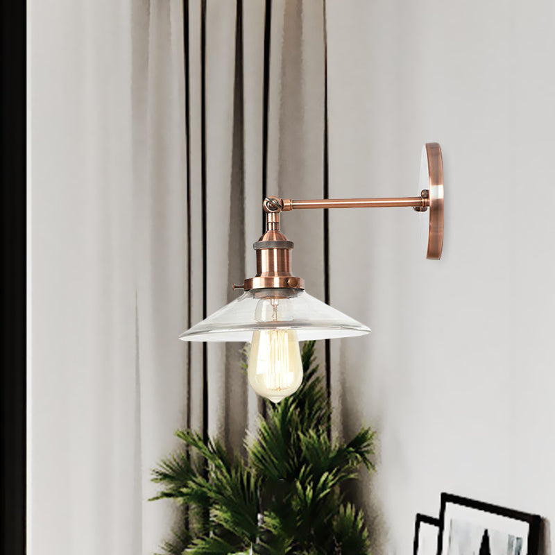 BowLift | Cone-shaped bedroom wall light vintage clear glass 1 light copper wall lamp