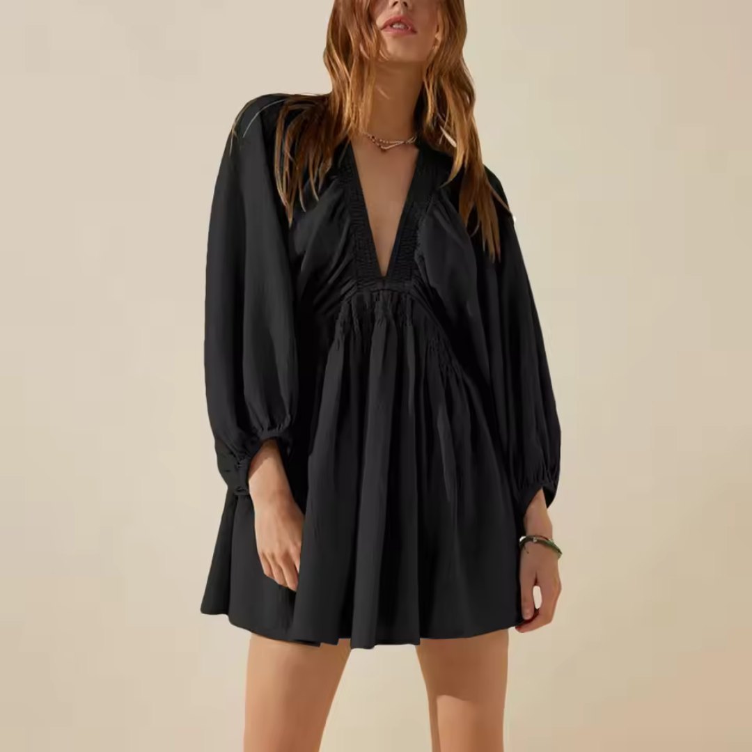 V-Neck Mini Dress with Long Sleeves and Gathered Waist