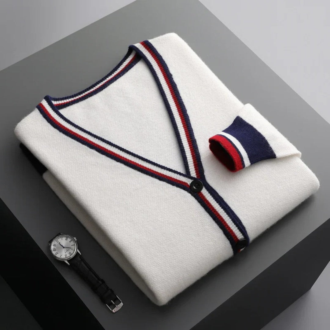 Wool Cardigan with Tricolor Trim