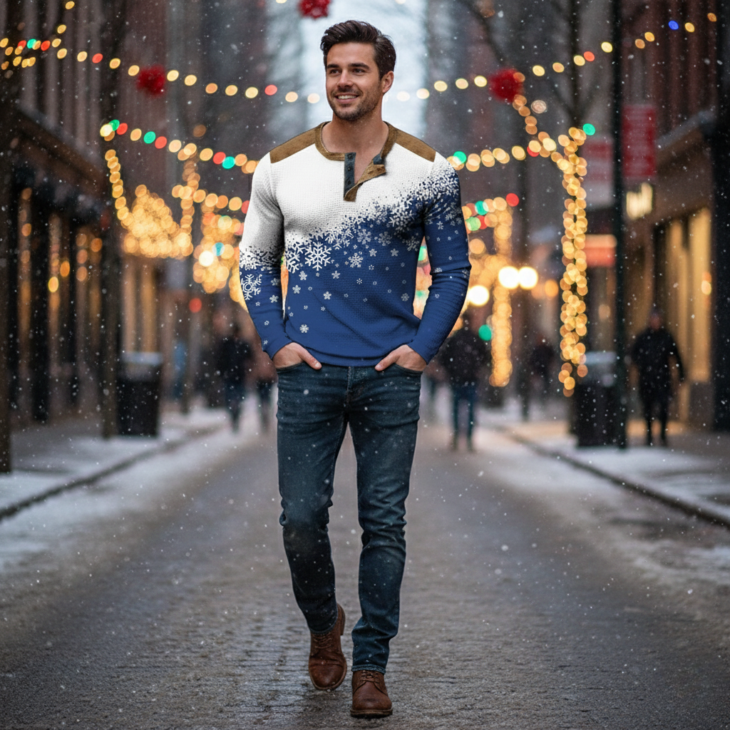 BowLift | Christmas Snowflake Gradient 3D Print Henley Shirt for Men