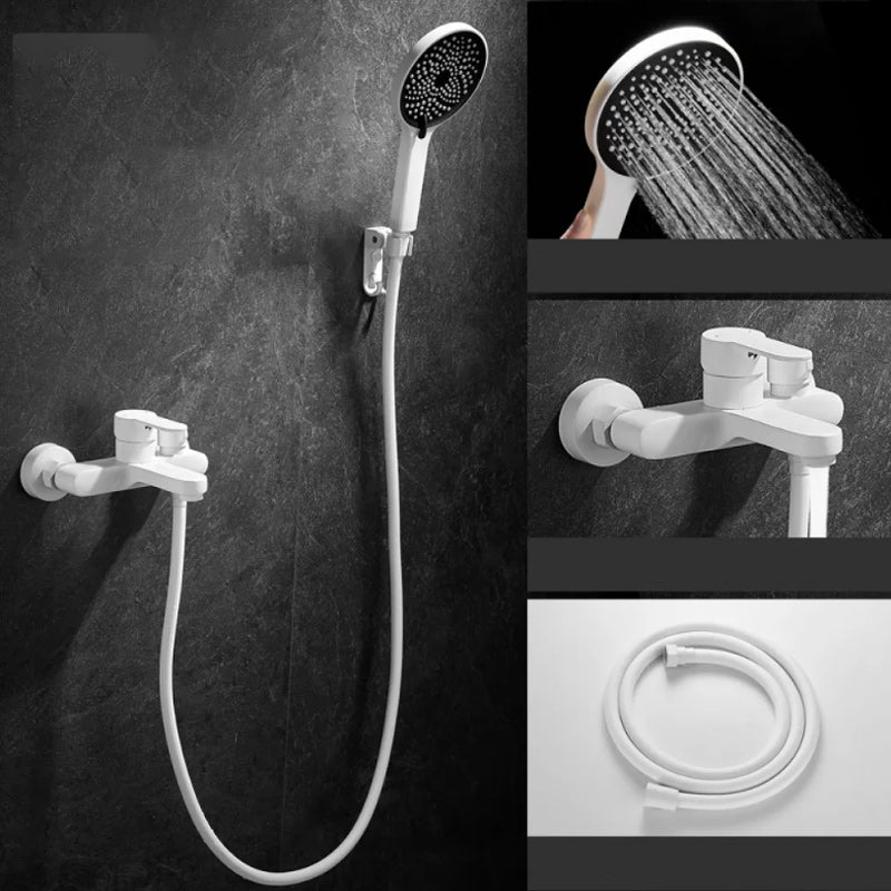 BowLift | Round Shower Set White Wall Mounted Hand Shower Lever Handle Shower Hose Swiveling Shower Set