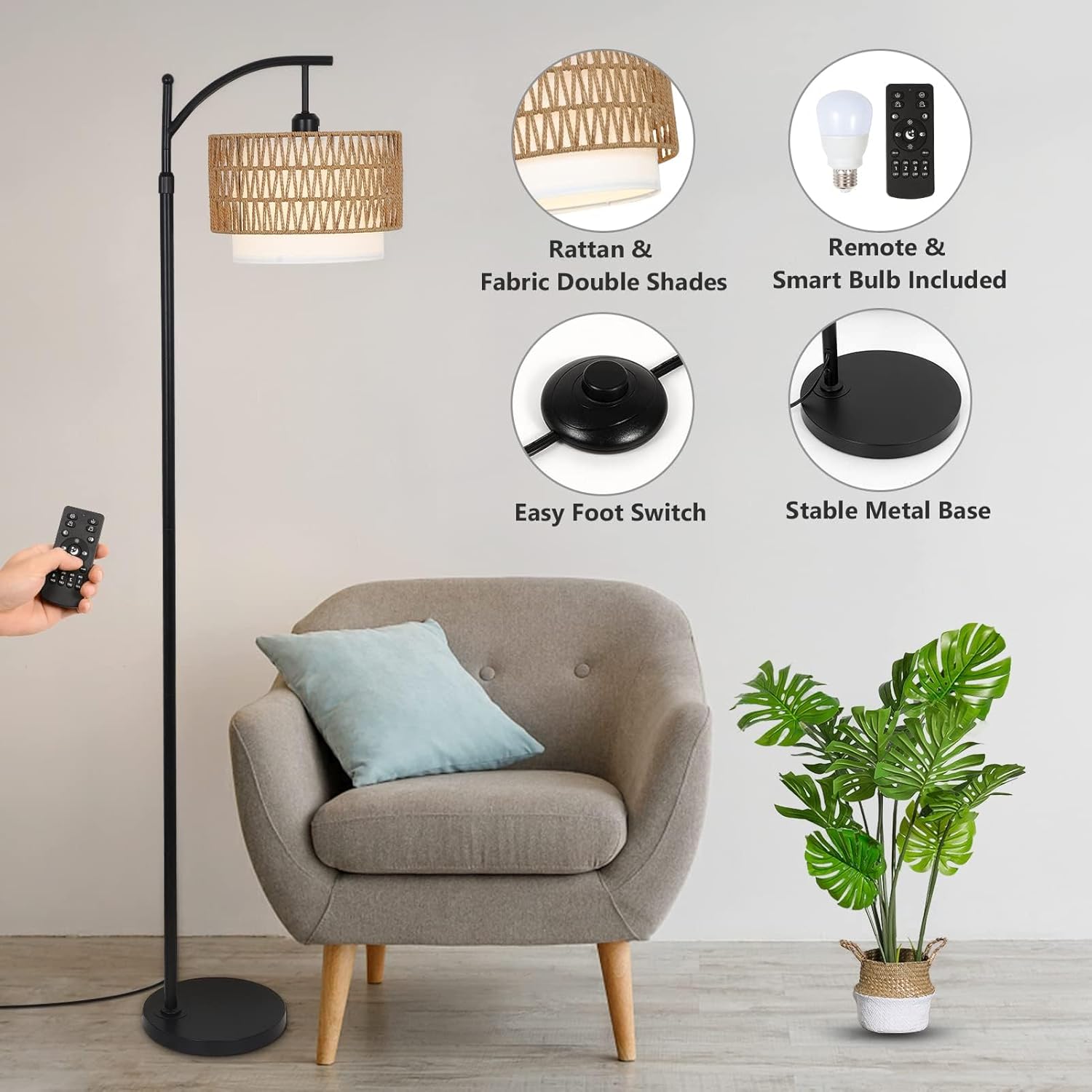 BowLift | Arc Floor Lamp with Remote Control & Dual Shades – Norvella