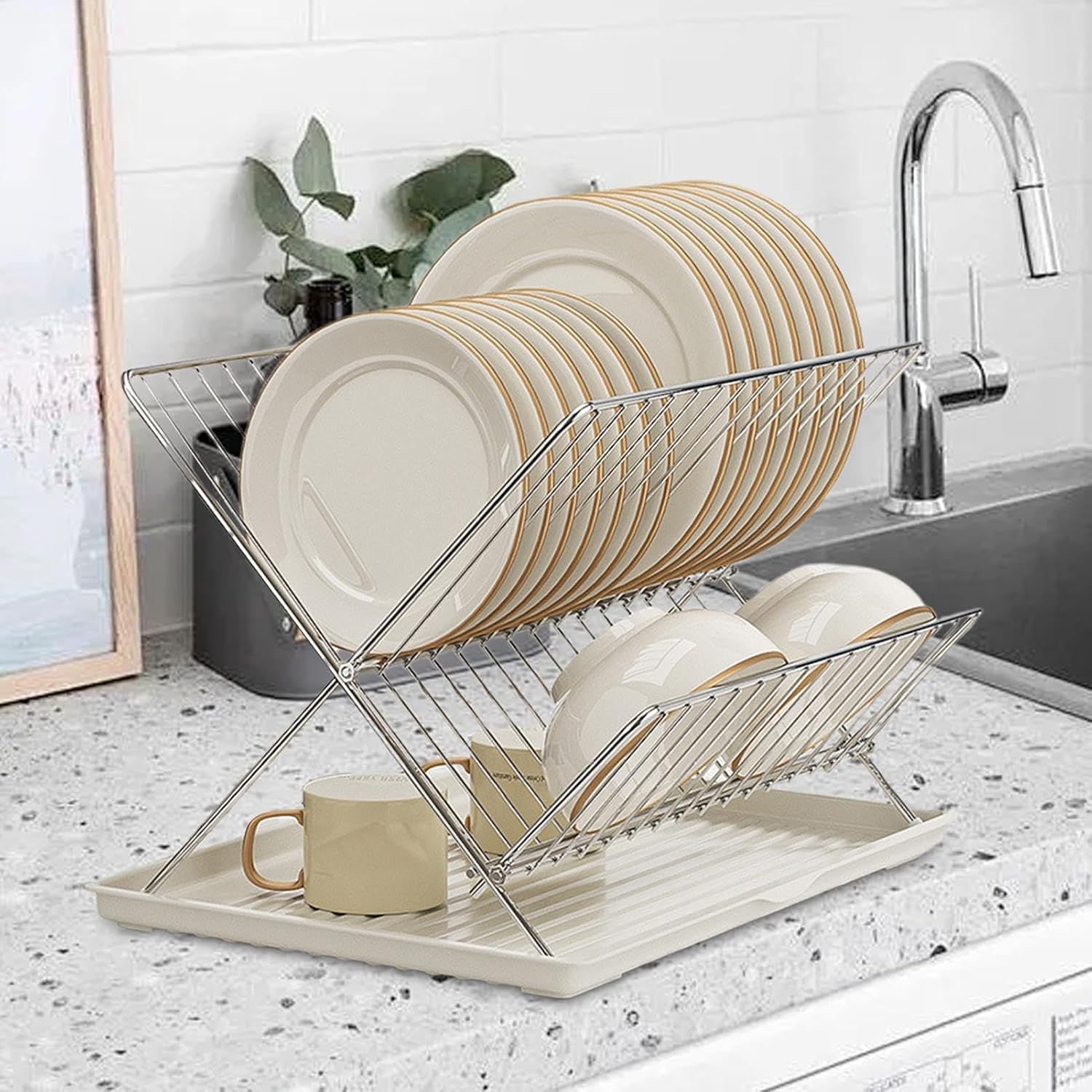 BowLift | Folding Dish Drying Rack – 2-Tier Countertop Drainer with Detachable Tray – Kelvra
