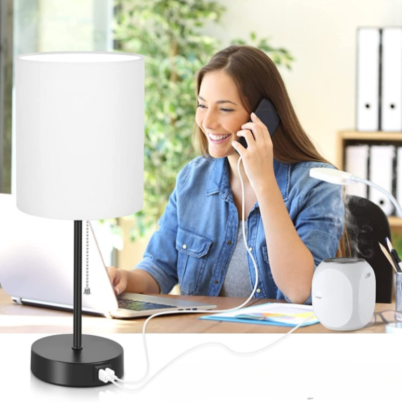 BowLift | Table lamp set of 2 with USB charging ports, gray bedside lamps with AC outlet, bedside lamps with pull switch, minimalist modern desk lamps with fabric shade for living room bedroom office
