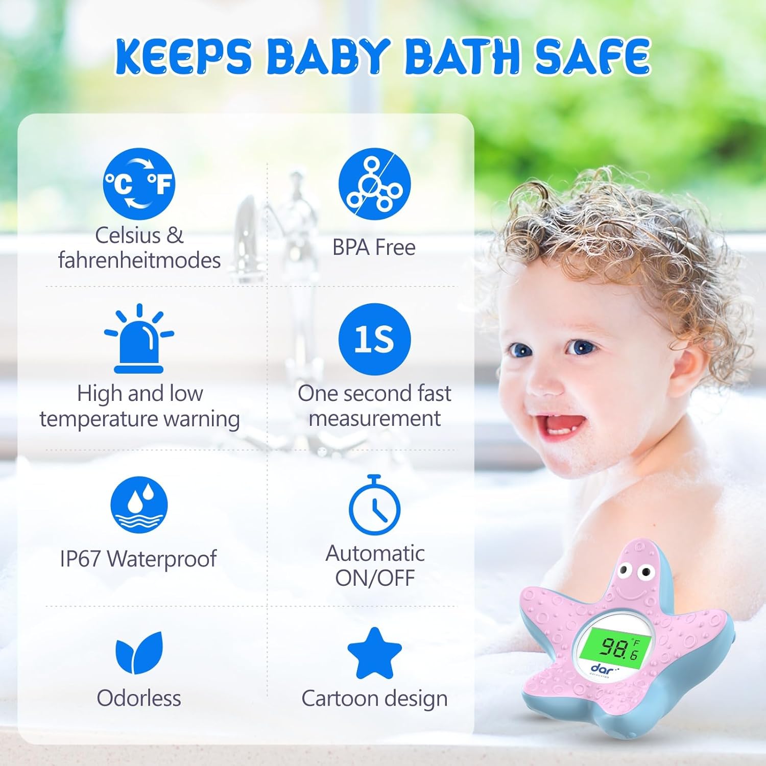 BowLift | AquaVeilig Baby Bath Thermometer – Digital Display with 3 Colors and Temperature Warning