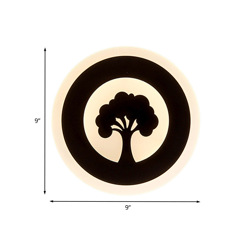 BowLift | Acrylic Round Wall Lighting Modernism LED Flush Wall Lamp in Black with Tree Pattern, White/Warm Light