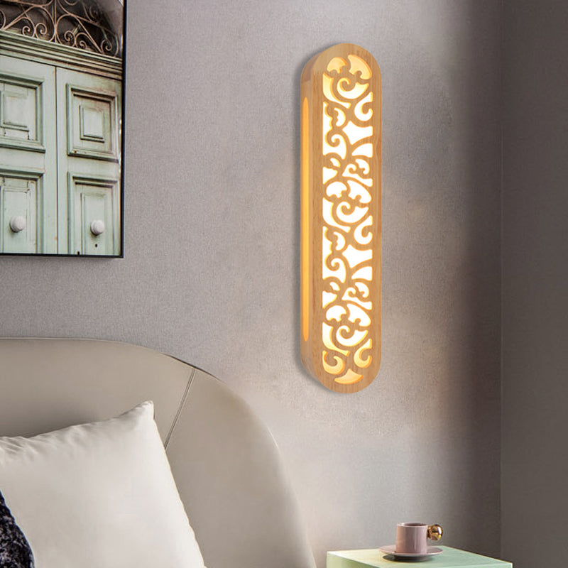 BowLift | Chinese Style LED Flush Wall Light Beige Rectangular Wall Light Lamp with Carved Wooden Shade