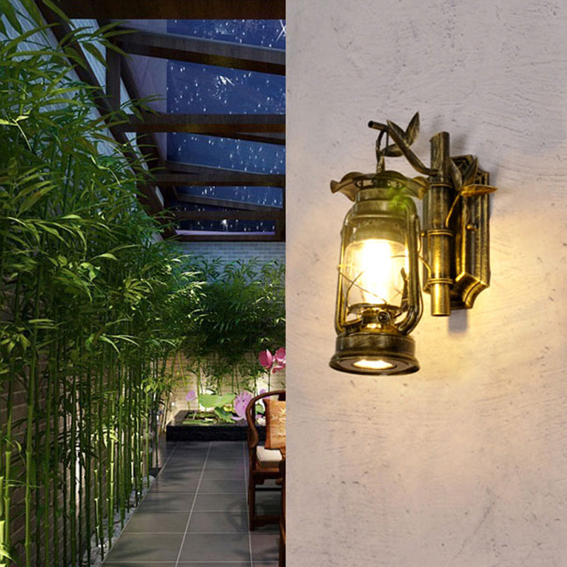 BowLift | Industrial Lantern Wall Lamp 1 Head Clear Glass Wall Plate Lighting Fixture in Bronze/Copper with Metal Bamboo Back Plate