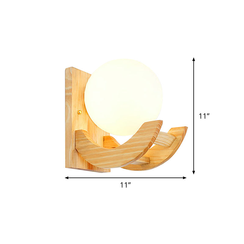 BowLift | Curved Arm Wooden Wall Lamp Modern 1 Bulb Beige Wall Mount Lamp with Orb White Glass Shade