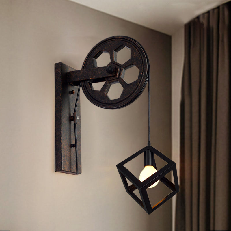 BowLift | Black 1 Head Wall Scone Light Vintage Industrial Wrought Iron Square Cage Wall Lighting for Farmhouse