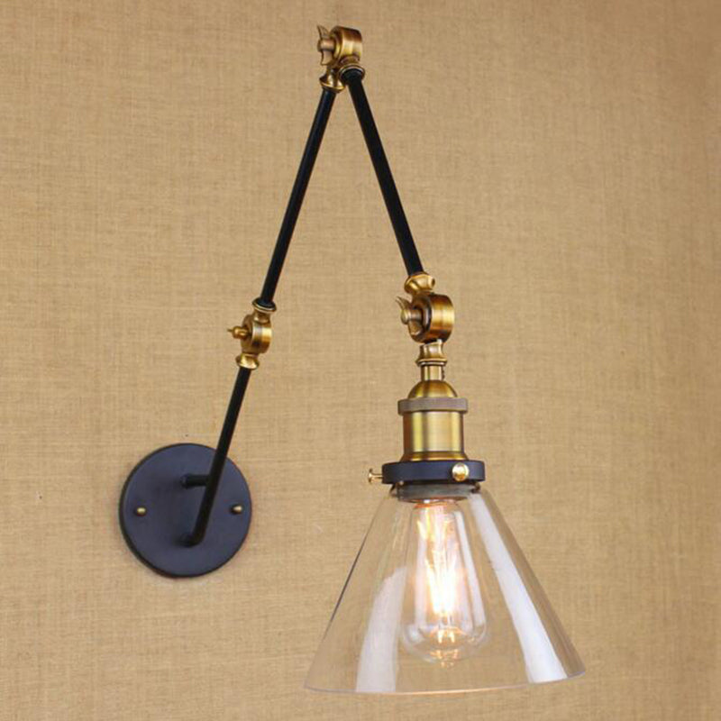 BowLift | Vintage Tapered Wall Lamp Fixture 1 Light Source Clear Glass Wall Lamp in Brass with Extendable Arm