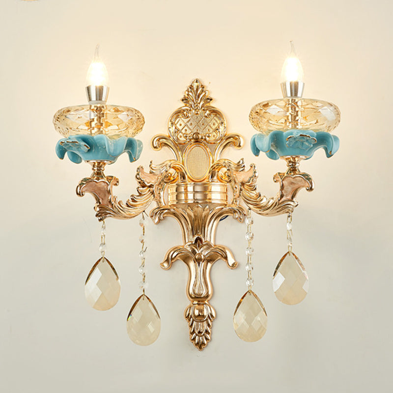 BowLift | Antiqued Candle Holder Wall Mount Lamp 1/2-Light K9 Crystal Wall Sconce with Ceramic Plastic in Gold