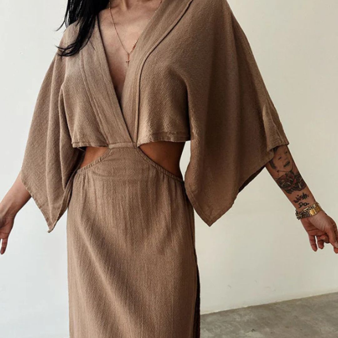 Maxi Dress with V-Neckline, High Slit, and Cut-Out Waist