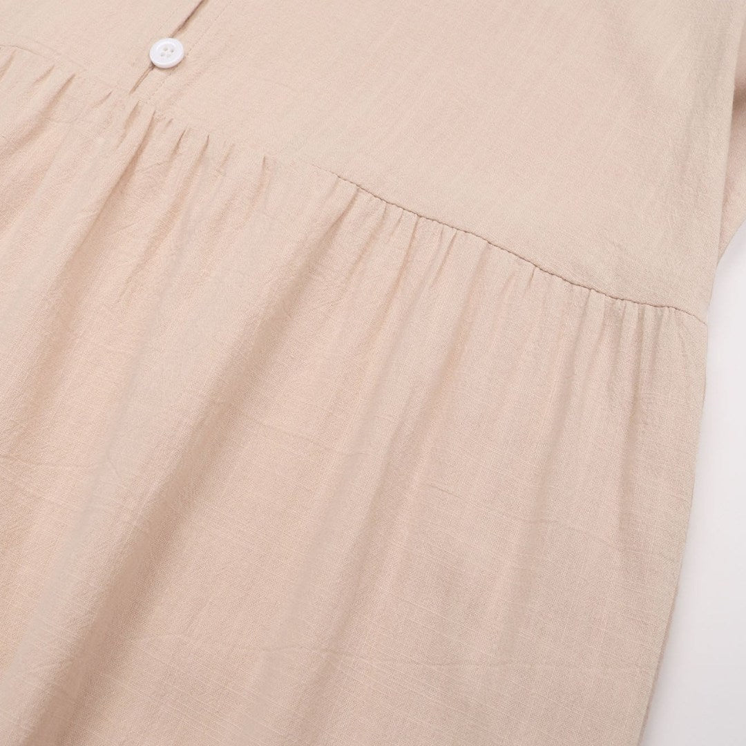 Casual Midi Dress with V-Neckline and Button-Front Design