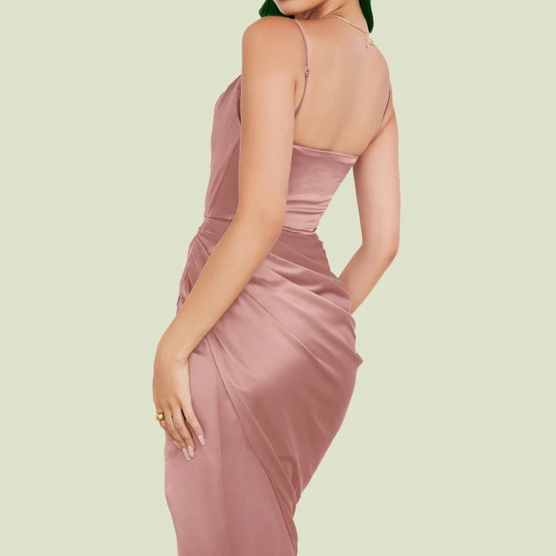 Satin Ruffle Dress with Slim Straps and Elegant Detailing