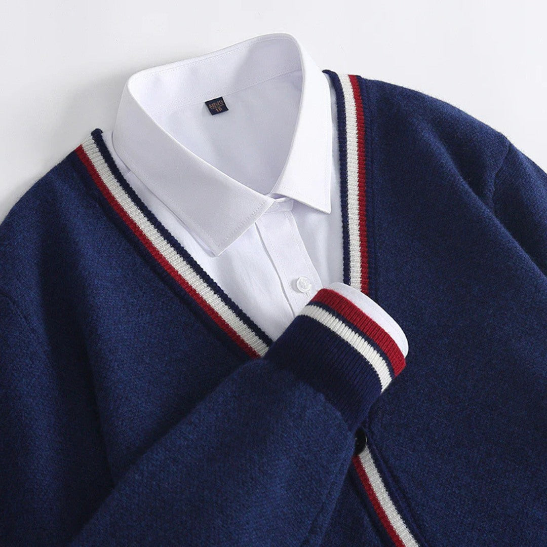 Wool Cardigan with Tricolor Trim
