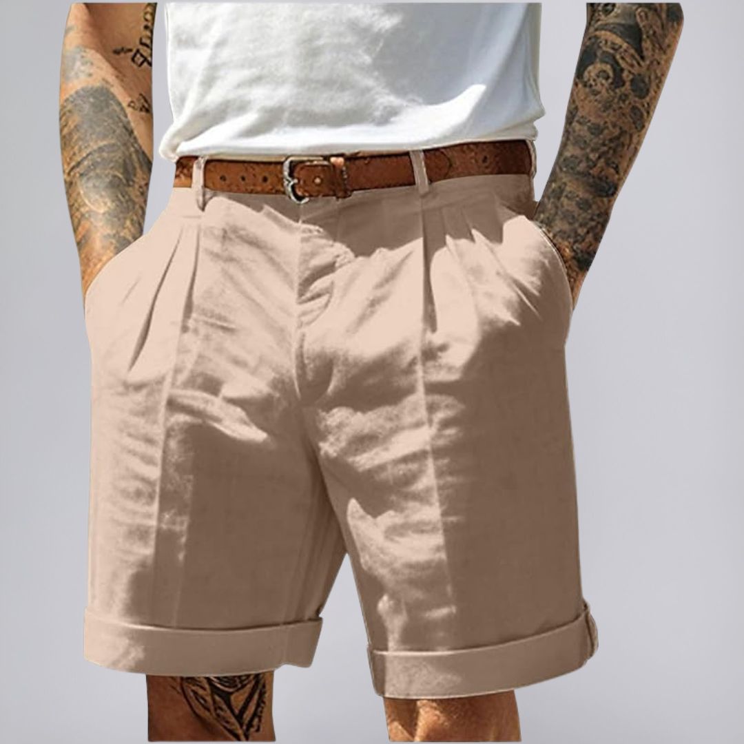 Tailored Pleated Shorts with Cuffed Hem in Cotton-Linen