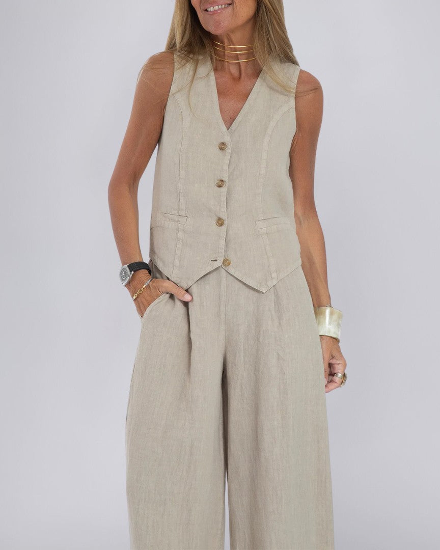 Tailored Linen Vest with Streamlined Fit and Button Detail