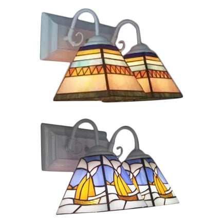 BowLift | Pyramid Wall Lamp Tiffany Style Stainless Steel Glass 2 Lights White Vanity Wall Lamp for Living Room, Mediterranean / Boat