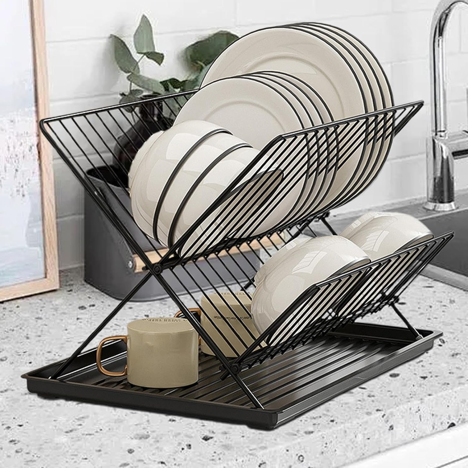 BowLift | Folding Dish Drying Rack – 2-Tier Countertop Drainer with Detachable Tray – Kelvra
