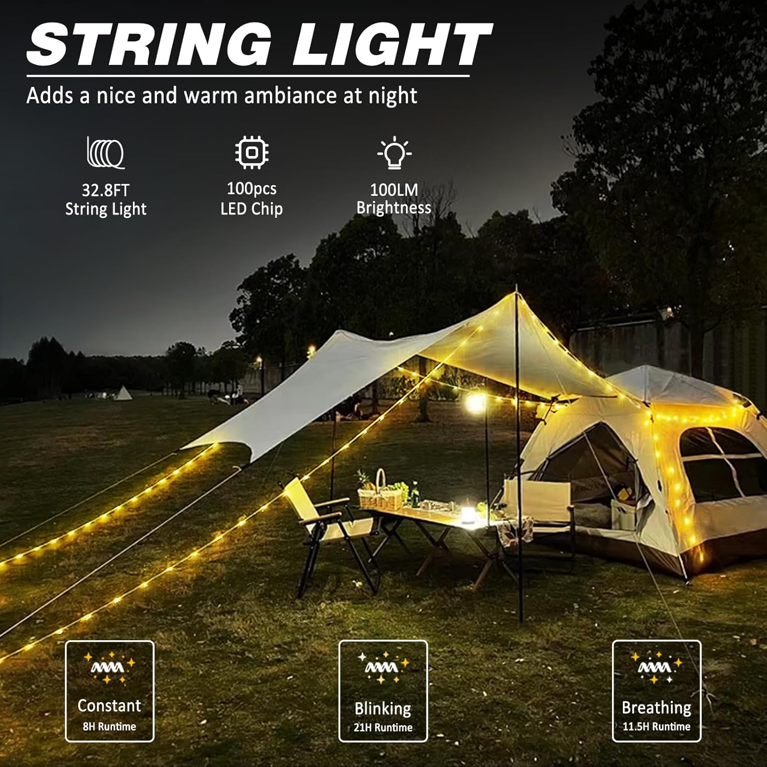 BowLift | Portable LED Camping String Light – USB Rechargeable Waterproof Fairy Lights for Outdoor & Indoor Use (10m)