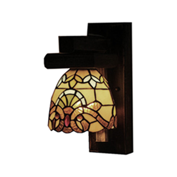 BowLift | Victorian Rustic Dome Wall Light with Black Wood Plate 1 Light Stained Glass Wall Light