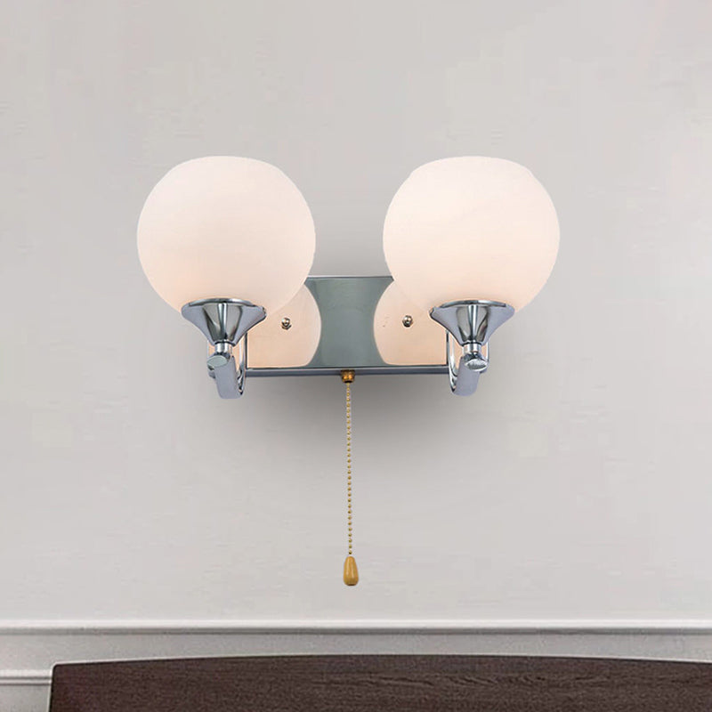 BowLift | Cream Glass Global Wall Mount Light Modern 2-Head Chrome Wall Sconce with Pull Chain