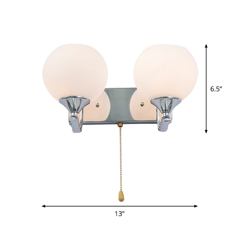 BowLift | Cream Glass Global Wall Mount Light Modern 2-Head Chrome Wall Sconce with Pull Chain