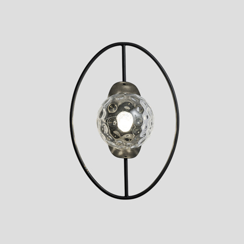 BowLift | Clear Dimpled Glass Orb Wall Light Modern 1-Lamp Black/Gold Wall Lamp with Ring Detail