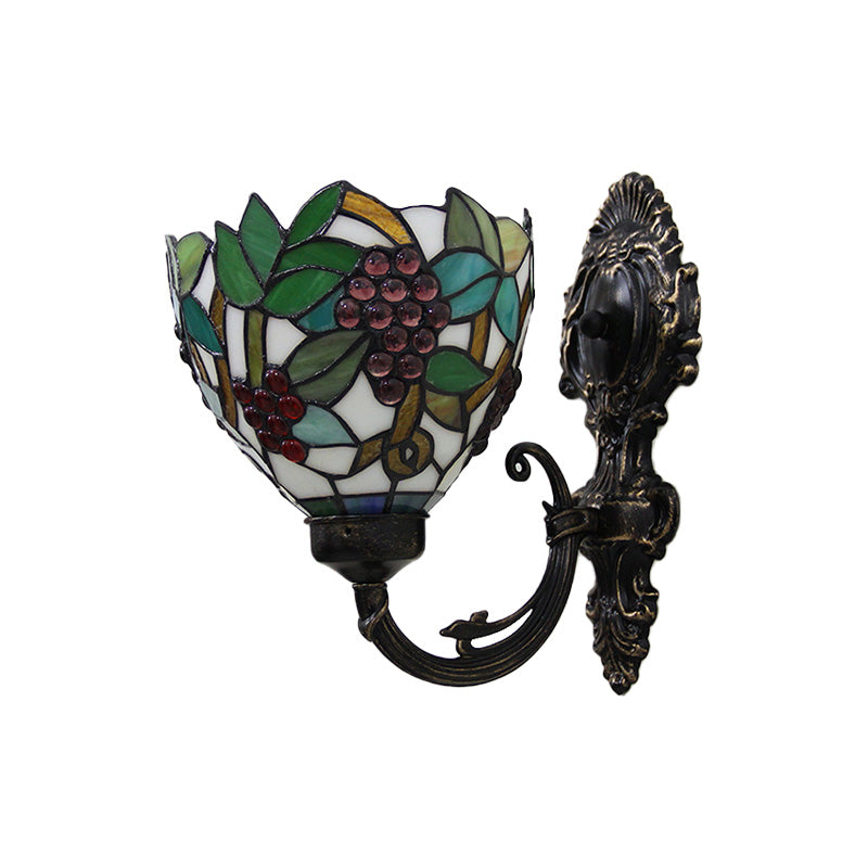 BowLift | Tiffany Bowl Wall Lamp 1 Head Etched Glass Grape Pattern Wall Mount Lamp in Green and White/Black