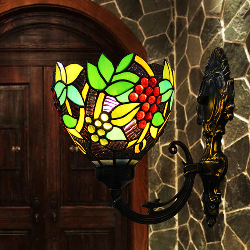 BowLift | Tiffany Bowl Wall Lamp 1 Head Etched Glass Grape Pattern Wall Mount Lamp in Green and White/Black