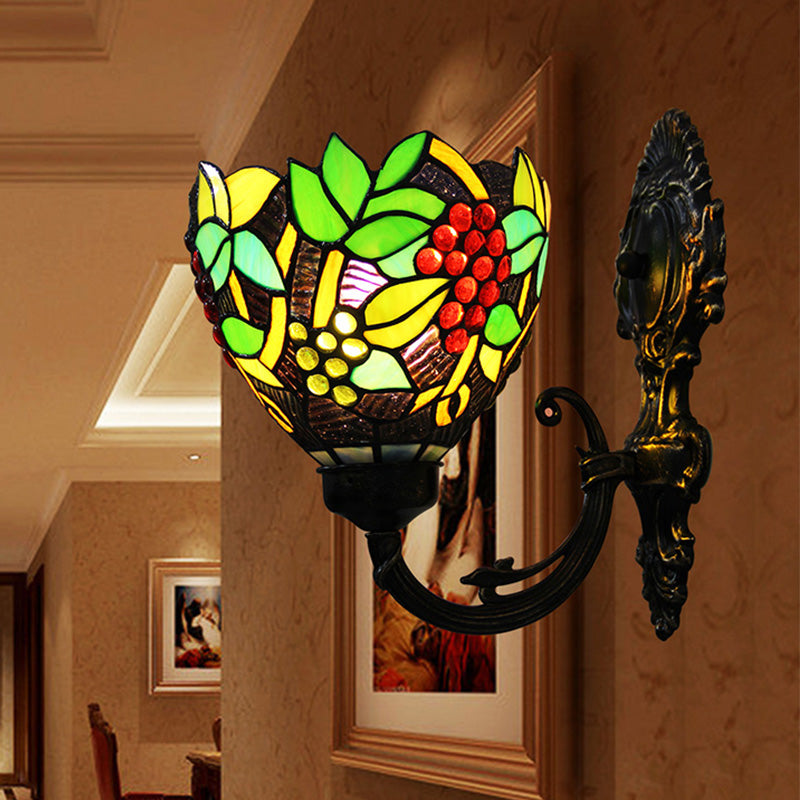 BowLift | Tiffany Bowl Wall Lamp 1 Head Etched Glass Grape Pattern Wall Mount Lamp in Green and White/Black