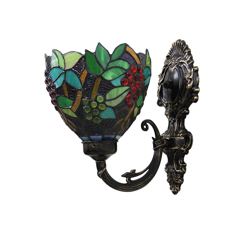 BowLift | Tiffany Bowl Wall Lamp 1 Head Etched Glass Grape Pattern Wall Mount Lamp in Green and White/Black