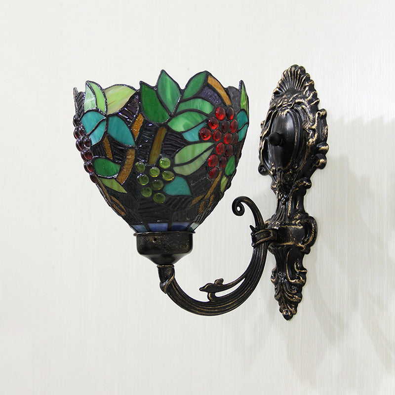 BowLift | Tiffany Bowl Wall Lamp 1 Head Etched Glass Grape Pattern Wall Mount Lamp in Green and White/Black