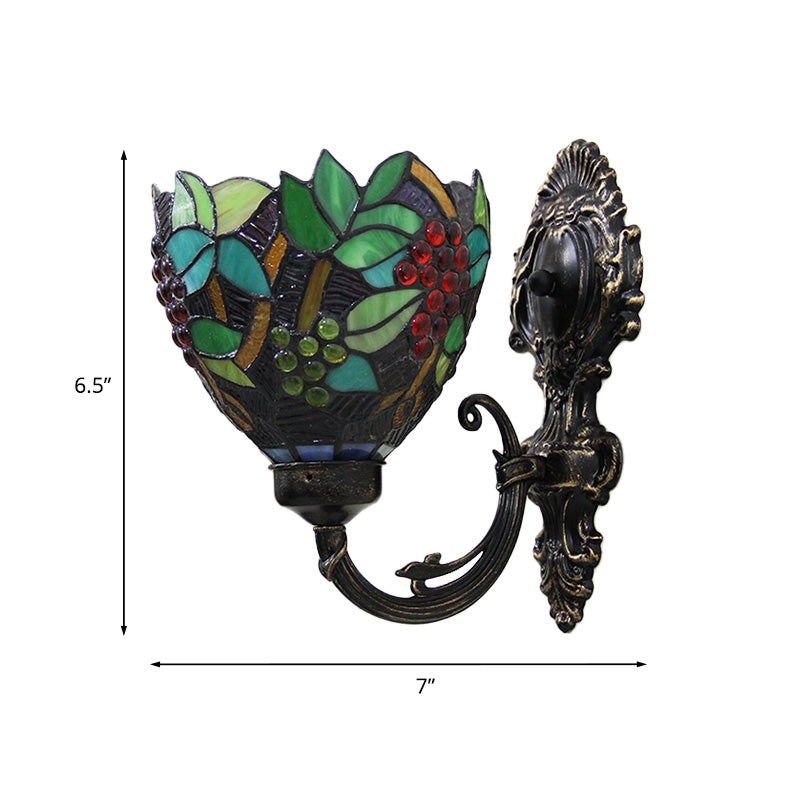 BowLift | Tiffany Bowl Wall Lamp 1 Head Etched Glass Grape Pattern Wall Mount Lamp in Green and White/Black