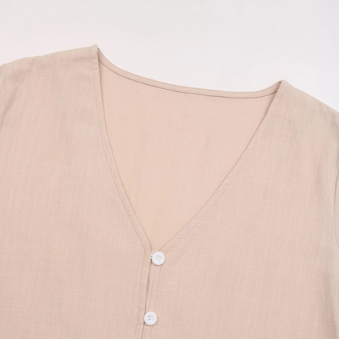Casual Midi Dress with V-Neckline and Button-Front Design