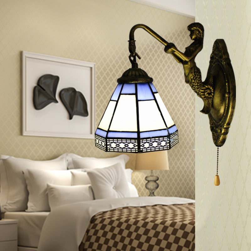 BowLift | Blue glass conical wall lamp Tiffany 1 head antique brass wall light