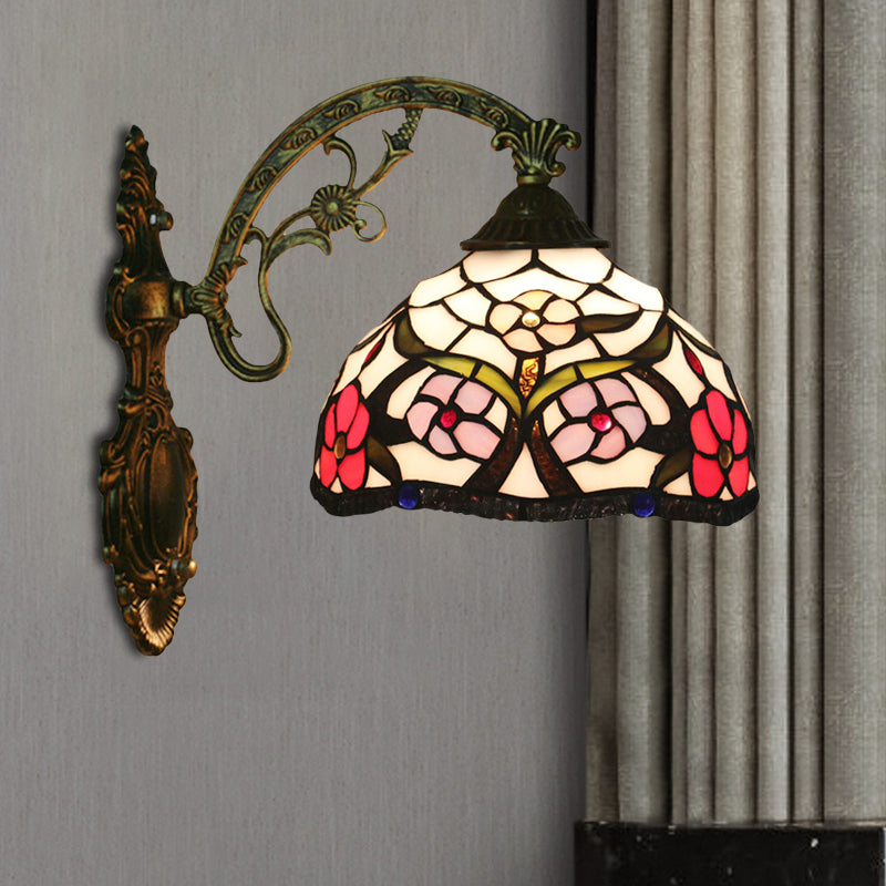 BowLift | Bronze 1-Light Wall Lighting Fixture Tiffany Cut Glass Peony Pattern Bowl Wall Mount Light
