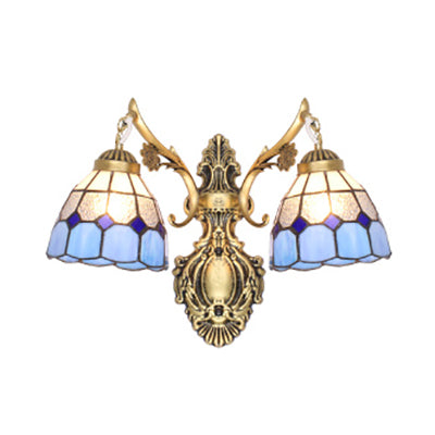 BowLift | Brass-finish Bowl Wall Lamp Stained Glass 2 Heads Tiffany Wall Light Light in Blue for Hallway