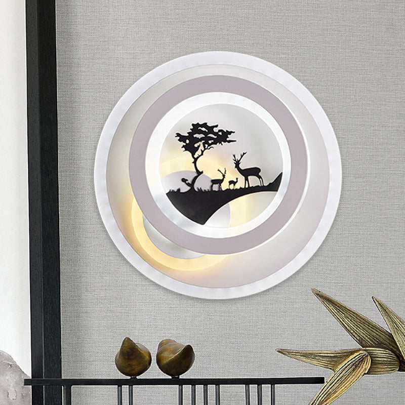 BowLift | White circular wall lighting idea simplicity LED acrylic wall lamp with tree and moose decoration for bedroom