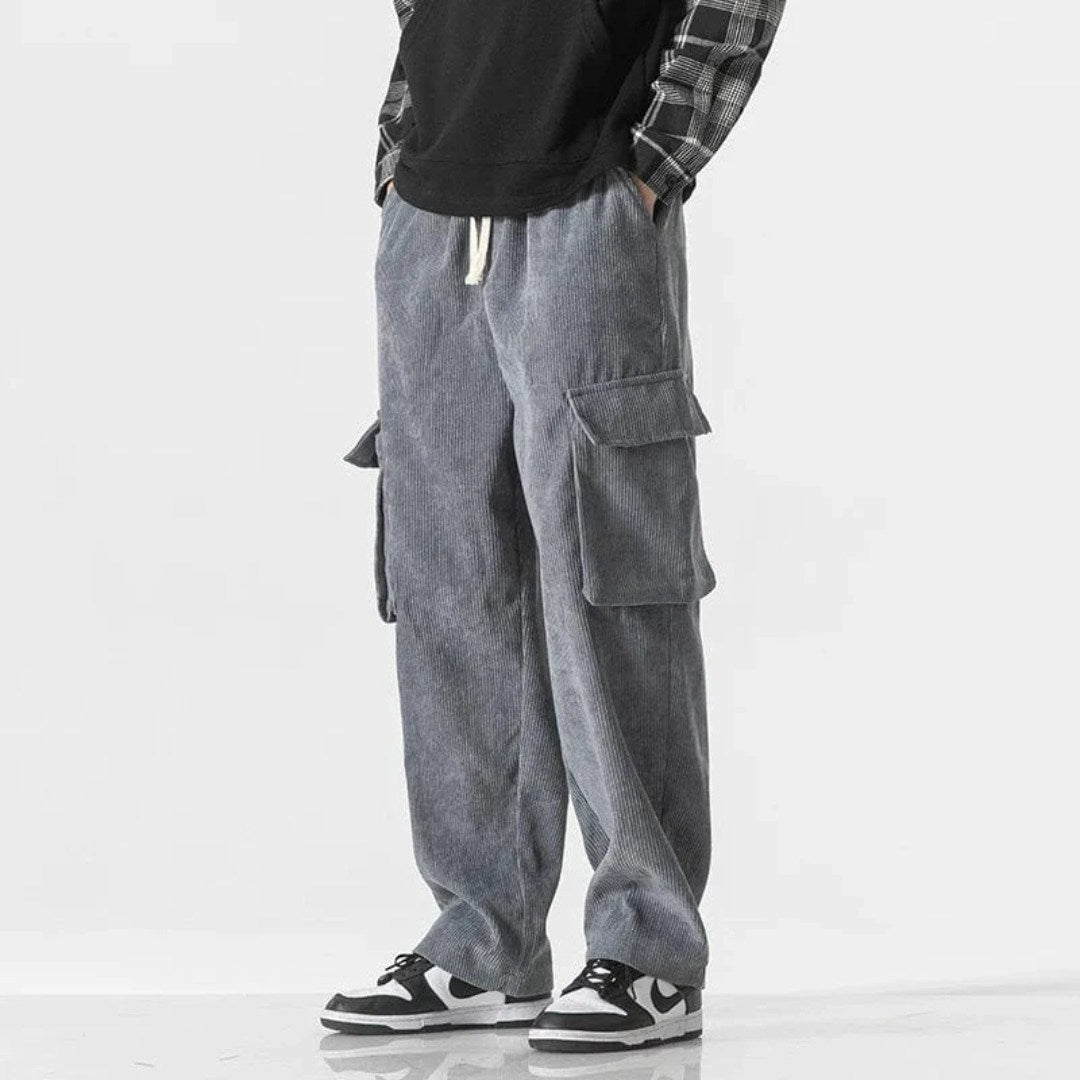 Corduroy Cargo Trousers with Drawstring Waist and Utility Pockets