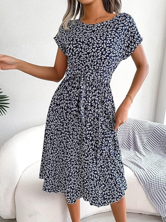 Floral A-Line Dress with Tie Waist