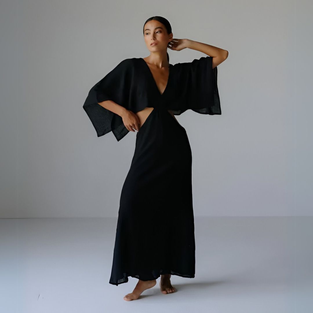 Maxi Dress with V-Neckline, High Slit, and Cut-Out Waist