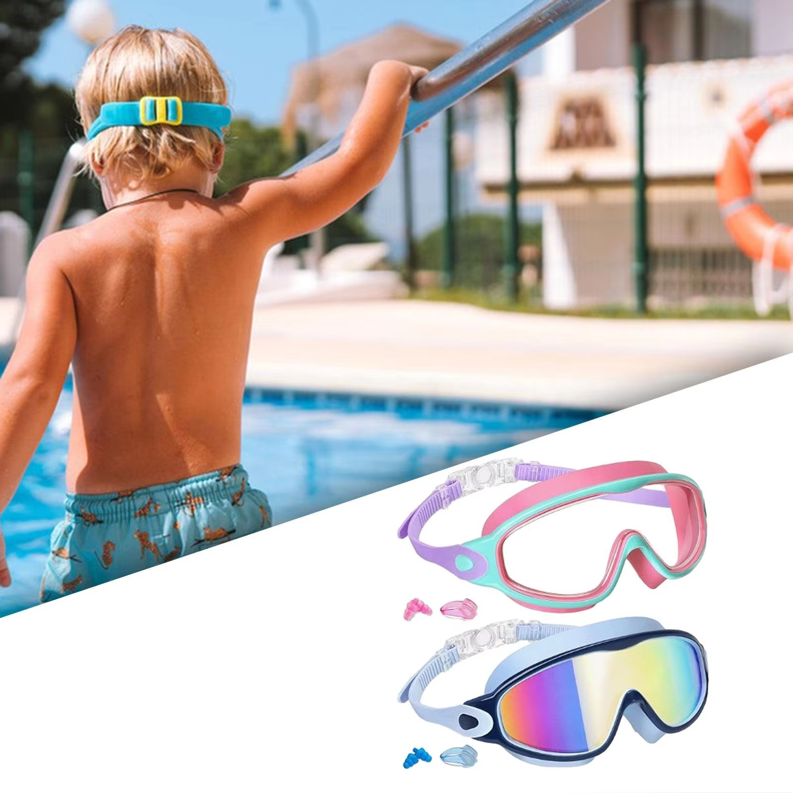 BowLift | Swimming Goggles - No-Leak Panoramic View Swim Mask for Kids with Nose Clips & Earplugs