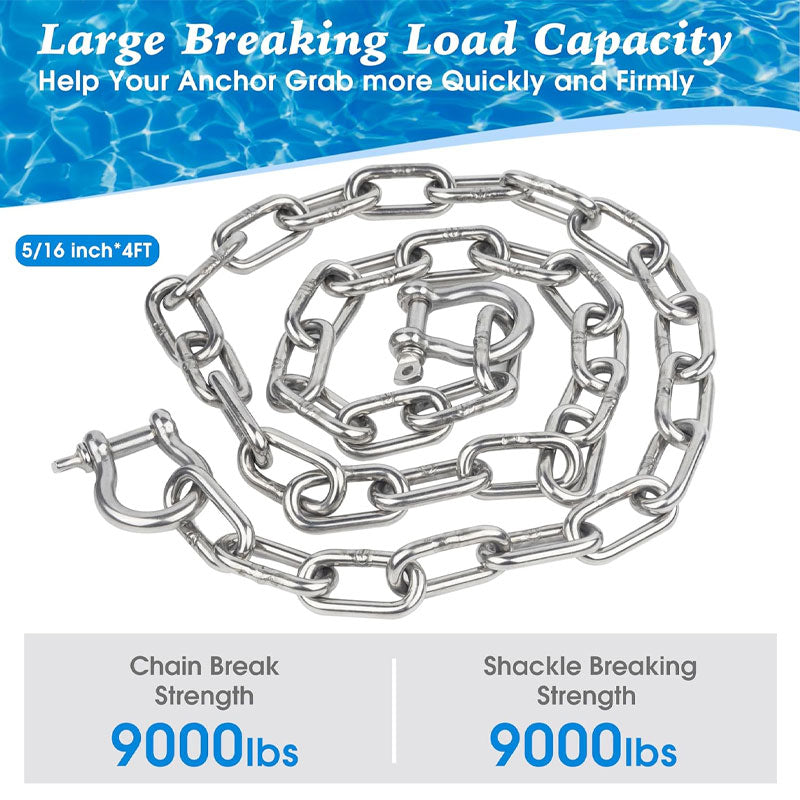 BowLift | Marine Anchor Chain, 316 Stainless Steel Marine Grade Anchor Lead Chain With Double Locking Ring Shackle, Suitable For Different Anchors