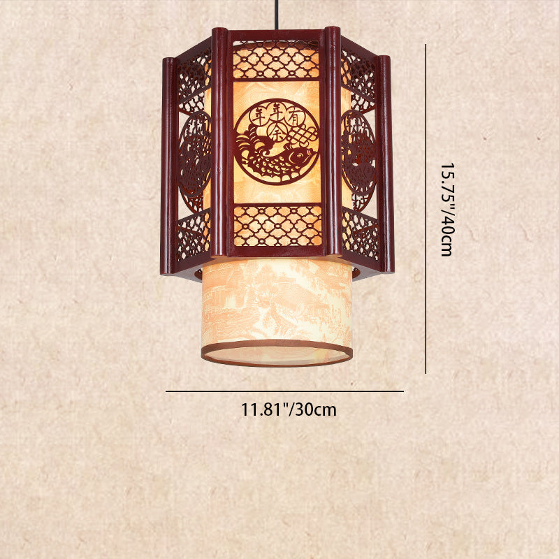 BowLift | Traditional Chinese Wood-PVC Cylinder Lantern Carved Fish 1-Light Pendant Lamp for the Dining Room