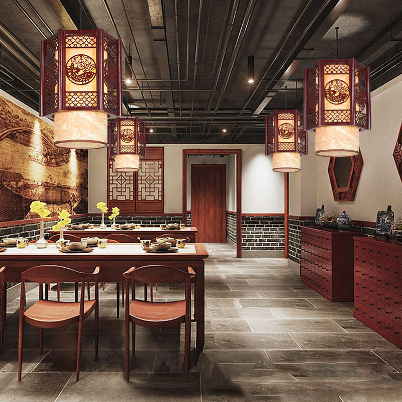 BowLift | Traditional Chinese Wood-PVC Cylinder Lantern Carved Fish 1-Light Pendant Lamp for the Dining Room