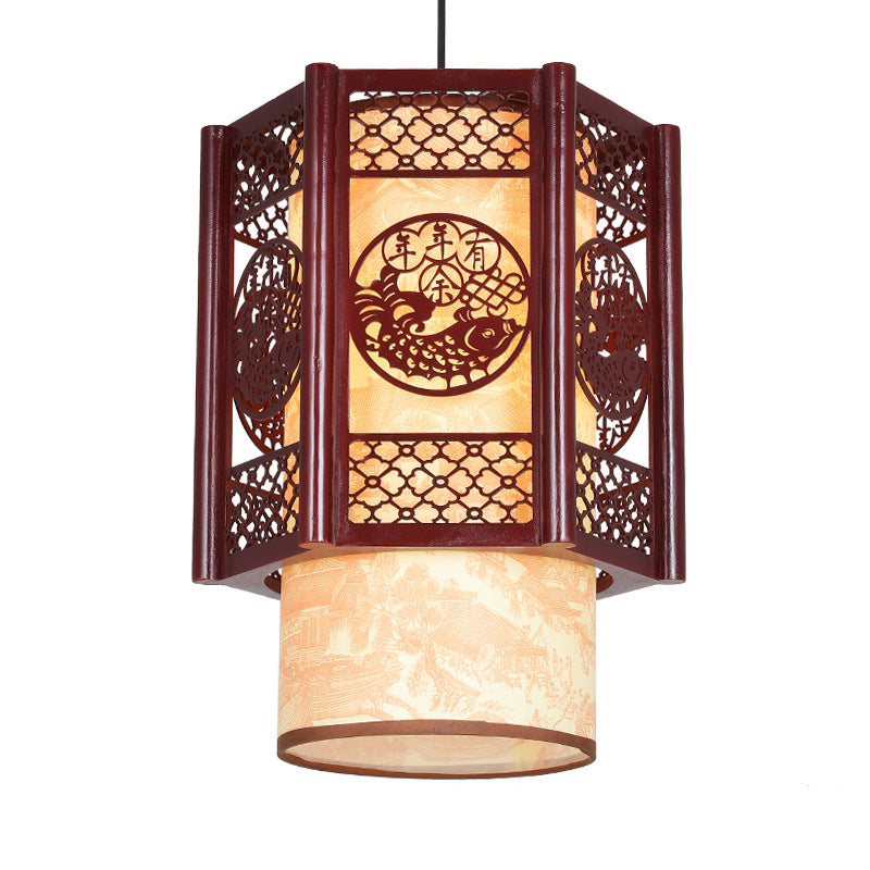 BowLift | Traditional Chinese Wood-PVC Cylinder Lantern Carved Fish 1-Light Pendant Lamp for the Dining Room