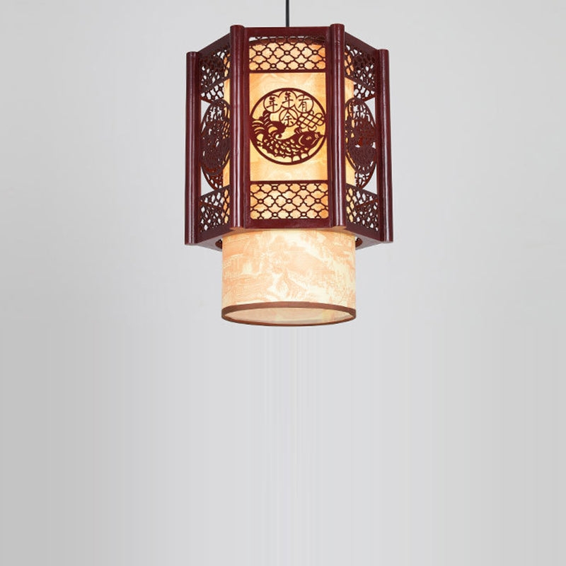 BowLift | Traditional Chinese Wood-PVC Cylinder Lantern Carved Fish 1-Light Pendant Lamp for the Dining Room