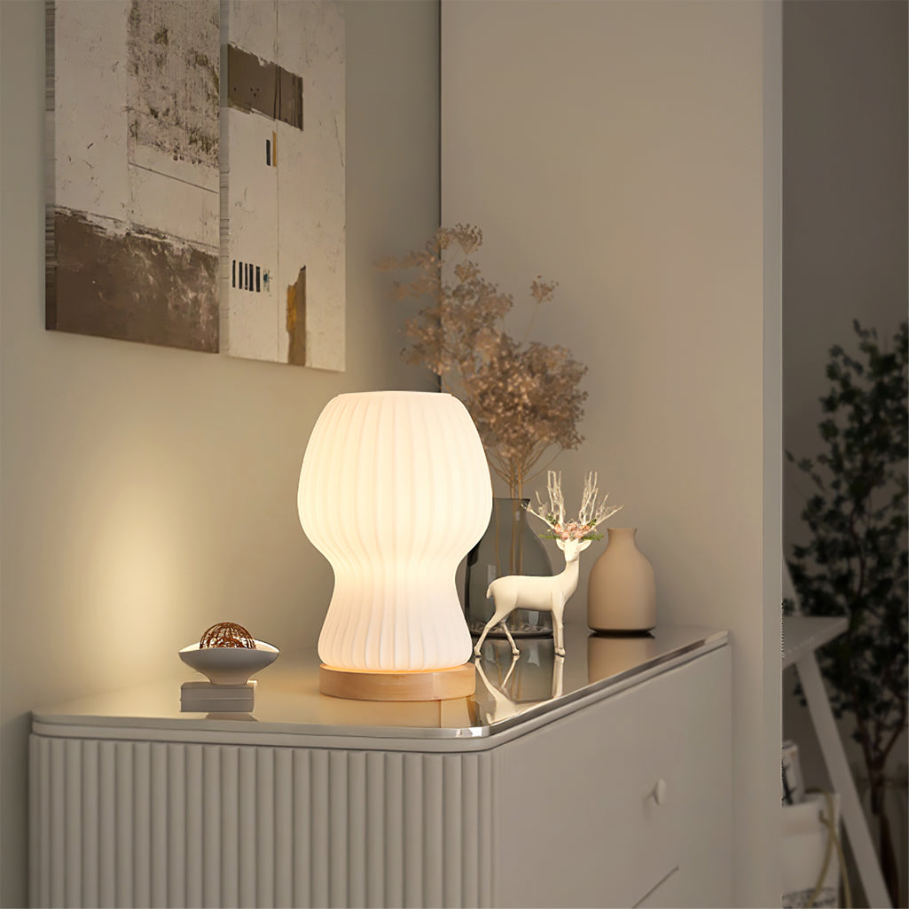 BowLift | GlowBeam – Folded Glass Table Lamp with Wooden Accent